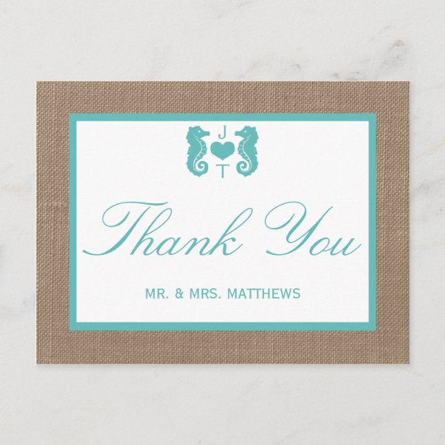 Türkisfarbenes Seepferd Burlap Beach Wedding Colle Postkarte (Vorderseite)