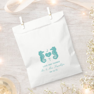 Türkisfarbenes Seepferd Mongram Beach Wedding Geschenktütchen