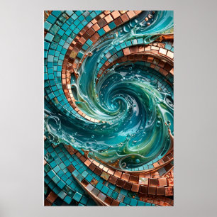 Türkisfarbenes Teal-Mosaik-Wellen-Wandkunstposter Poster