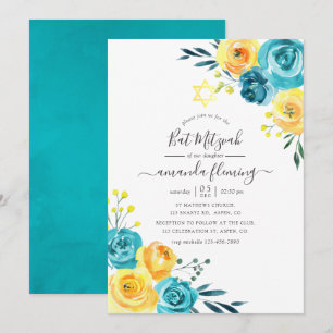 Türkisfarbenes und gelbes Floral Bat Mitzvah mit W Einladung