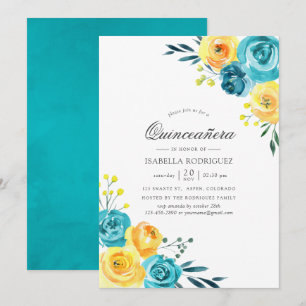 Türkisfarbenes und gelbes Florales Quinceañera-Was Einladung
