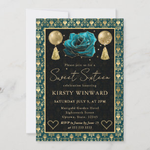 Türkisfarbenes und goldenes Herz Damast & Rose Swe Einladung