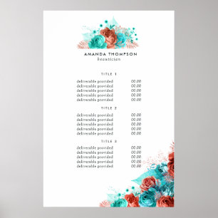 Türkisfarbenes und Korallenrotes Blumen-Preis- und Poster