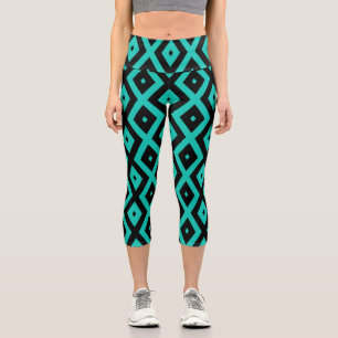 Türkisfarbenes und schwarzes Rautenmuster Capri Leggings