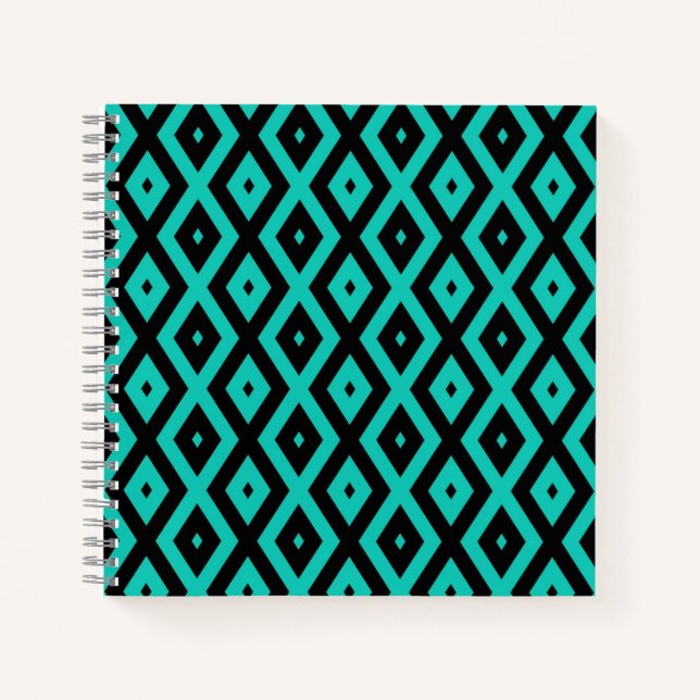 Türkisfarbenes und schwarzes Rautenmuster Notizbuch (Vorderseite)