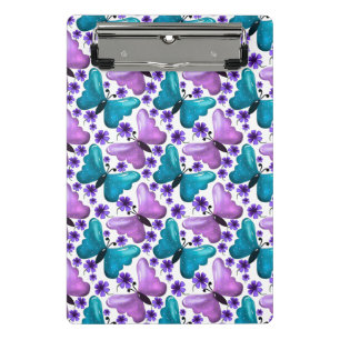 Türkisfarbenes und violettes Schmetterlings-Blumen Mini Klemmbrett