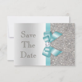 Türkisfarbenes unechtes Band & Diamanten Silber Sa Save The Date