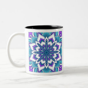 Türkisfarbenes violettes Blumenmandala Zweifarbige Tasse