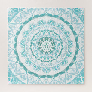 Türkisfarbenes weißes Damast-Mandala Puzzle