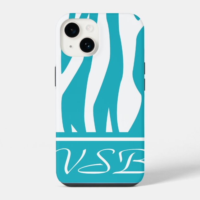 Türkisfarbenes Zebramuster mit Monogramm iPhone Hülle (Rückseite)