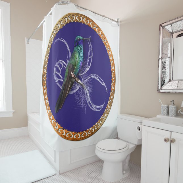 Türkisgrün und blau mit lila Kolibri Duschvorhang (Beispiel)