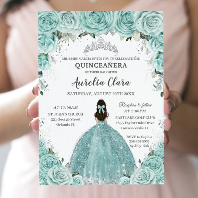 Türkisgrüne BlumenPrinzessin Silver Quinceañera Einladung (Von Creator hochgeladen)