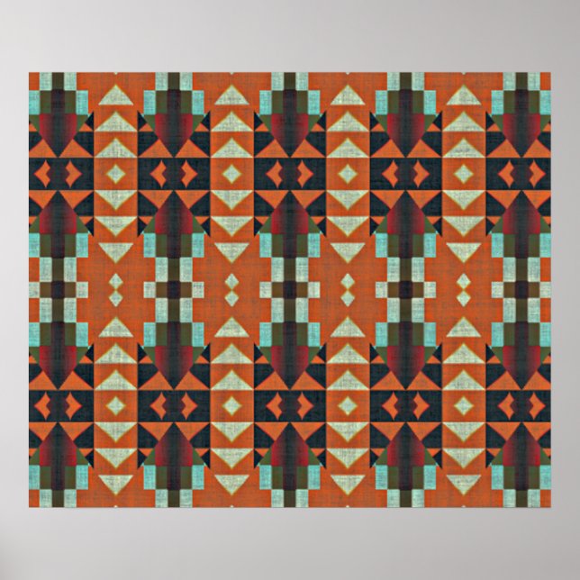 Türkisgrüne Orange Red Ethnic Tribal Mosaik Poster (Vorne)