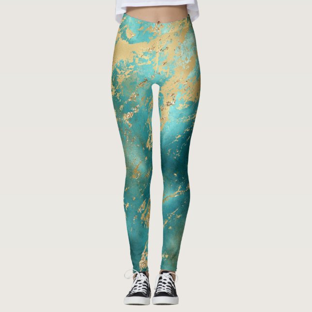 Türkisgrüner Goldmarmor Abstrakt Moderne Leggings (Vorderseite)