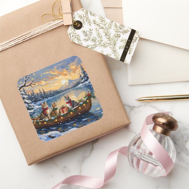 Turkish Angora Cat Christmas Boat Holiday Quadratischer Aufkleber (Schenken)