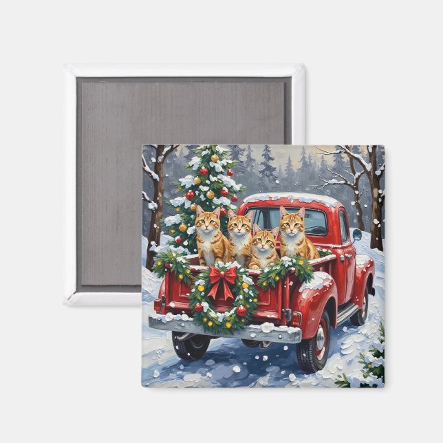 Turkish Angora Cat Christmas Red Truck Holiday Magnet (Vorderseite/Rückseite)