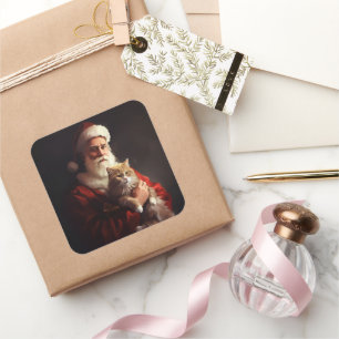 Turkish Angora Cat Santa Claus Weihnachten Quadratischer Aufkleber