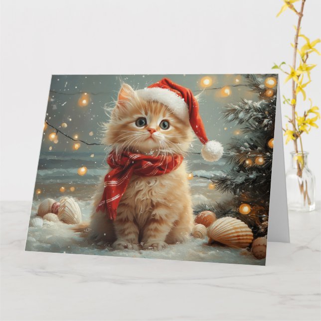 Turkish Angora Cat Weihnachtsstrand Vintag Karte (Gelbe Blume)