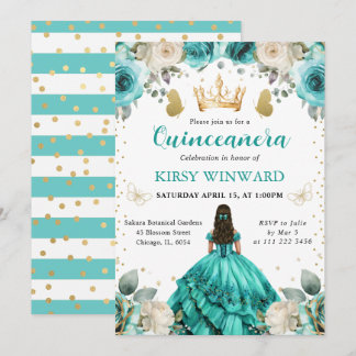 Türkiskleid Brünett Princess Quinceanera Einladung