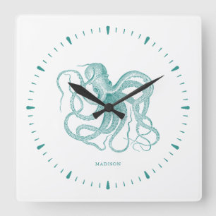 Türkisktopus und Ziffern auf weißem Monogramm Quadratische Wanduhr