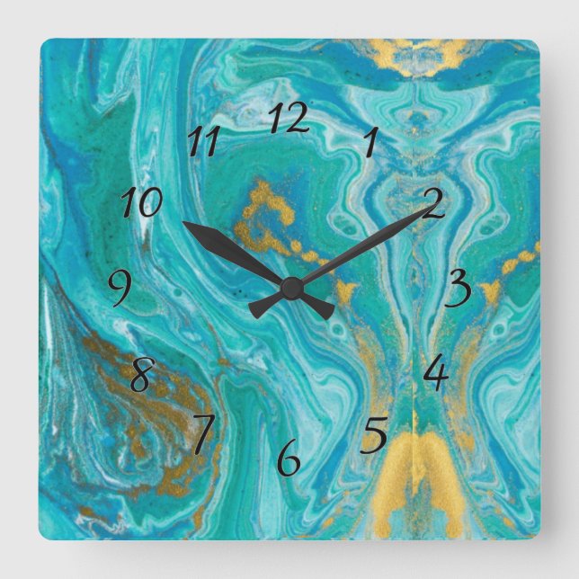Türkismarmor Abstrakt Quadratische Wanduhr (Vorderseite)