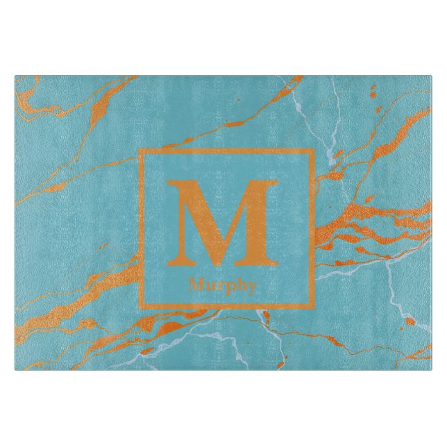 Türkismarmor mit Kupfermarkierungen Monogram Schneidebrett (Vorderseite)