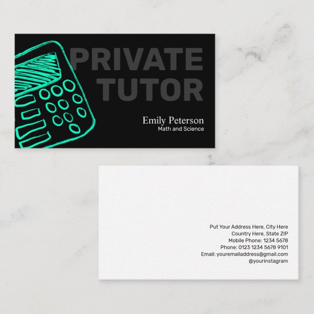 Türkisrechner Sketch Private Tutor Black Visitenkarte (Vorne/Hinten)