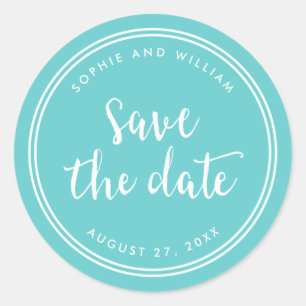 Türkisskript und Weiße Streifen Save the Date Runder Aufkleber