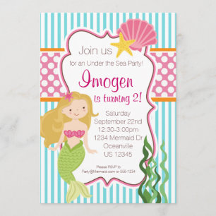 Türkisstreifen, rosa Polka Dot Blonde Meerjungfrau Einladung