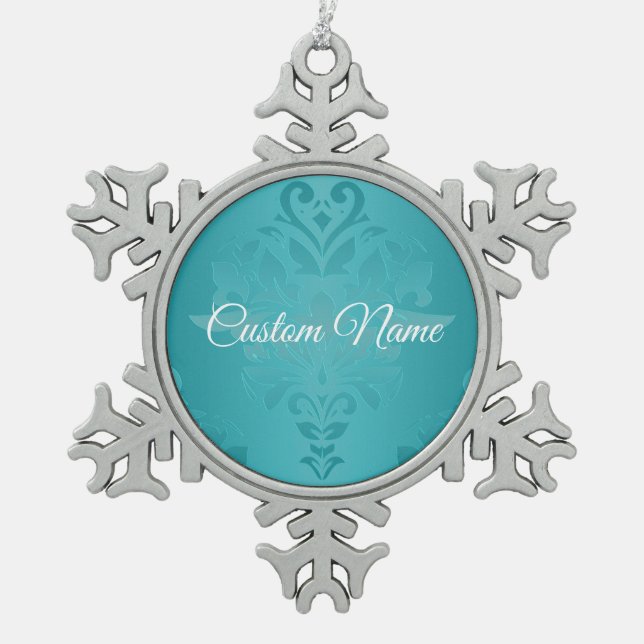 TürkisVintager Grunge-Damast-Druck Schneeflocken Zinn-Ornament (Vorderseite)