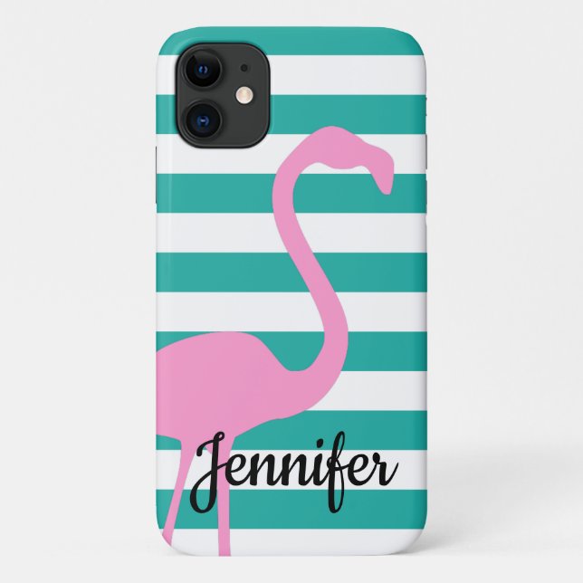 Türkisweißer Streifen Personalisiert rosa Flamingo Case-Mate iPhone Hülle (Rückseite)