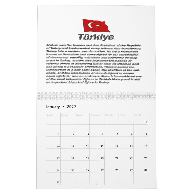 Turkiye Calender 100. Jahrestag der Republik Kalender (Jan 2027)