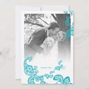 Türkquoise Blue Boho Paisley Peacock Foto Wedding Dankeskarte