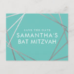 Türkquoise Robin Egg Blue Bat Mitzvah Save the Dat Ankündigungspostkarte<br><div class="desc">Moderne, trendige und elegante silber und türkis, aquamarin, Rotwein-Ei-Blau, "und co" Thema Bat Mitzvah Save the Date Postkarten mit einem einzigartigen geometrischen Quadrat Rand. Dieses preisgünstige Bat Mitzvah können Sie ganz einfach Save the Date mit individuelle Name, Datum und Details Ihrer lustigen und raffinierten Feier gestalten. Der gesamte Text ist...</div>