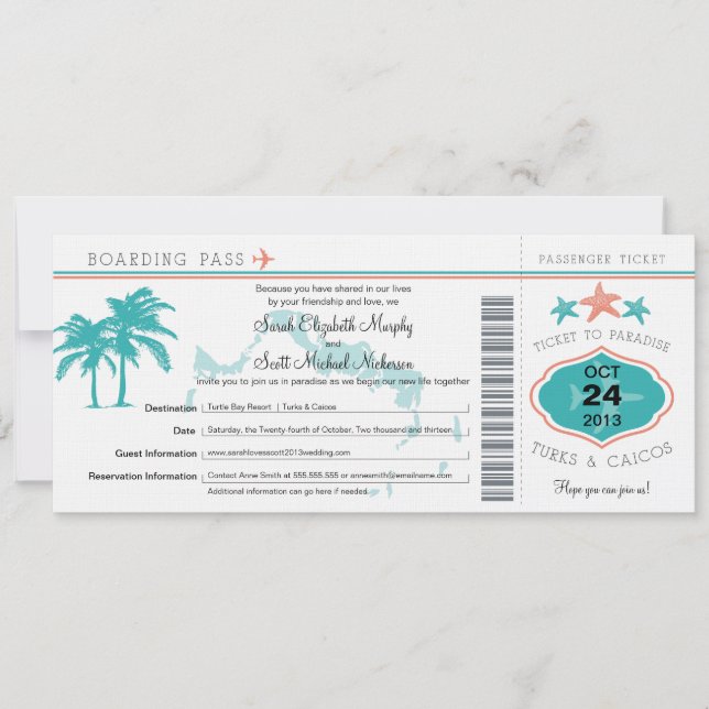 Turks & Caicos Save the Date Boarding Pass (Vorderseite)