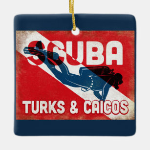 Turks & Caicos Scuba Diver - Blue Retro Keramikornament