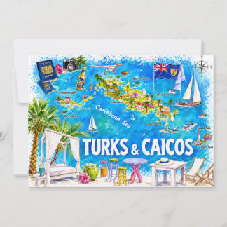 Turks- und Caicos-Illustrierte Inselkarte Postkart Einladung