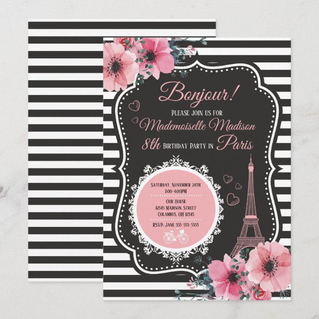 Turm-Geburtstags-Party Einladung Paris Eiffel (Vorne/Hinten)