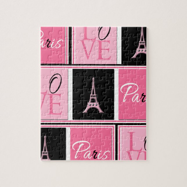 Turm-Liebe-Rosa-Schwarzes Paris Eiffel Puzzle (Vertikal)