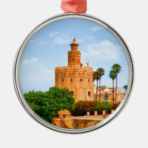 Turm Sevillas Spanien der GoldBlumen-Baumpalmen Silbernes Ornament