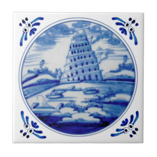 Turm von Babel Blue White Delft 19. Jahrhundert Re Fliese