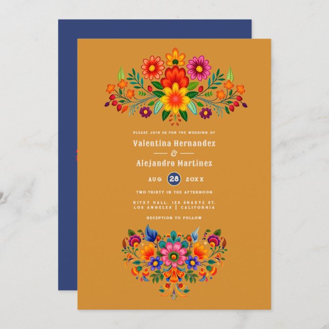 Turmeric & Indigo Mexican Folk Art Fiesta Wedding Einladung (Vorne/Hinten)