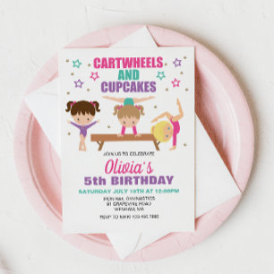 Turnen Radschläge und Cupcakes Geburtstag Einladung