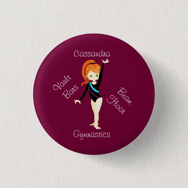 Turnerin Ginger Haar, Grüne Augen, Schwarzer Leo Button (Vorderseite)