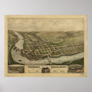 Turners Falls Massachusetts 1877 Antique Panorama Poster