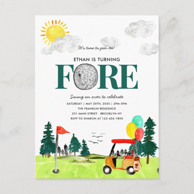 Turning FORE Golf Boy Golfing Par-tee 4. Geburtsta Postkarte (Vorderseite)