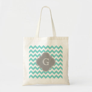 Turq / Aqua Weiß Chevron Grau Vierpass Monogramm Tragetasche