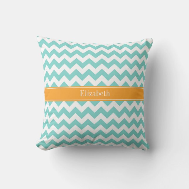 Turq / Aqua Wht Chevron Cantaloupe Name Monogram Kissen (Vorderseite)