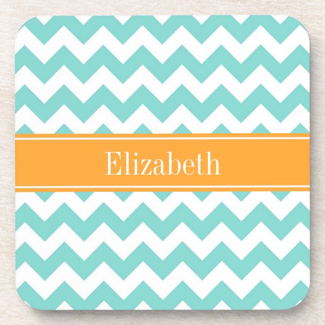 Turq / Aqua Wht Chevron Cantaloupe Name Monogram Untersetzer (Vorderseite)
