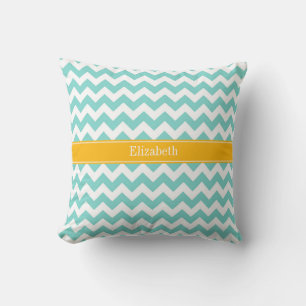 Turq / Aqua Wht Chevron Goldgelb Namensmonogramm Kissen